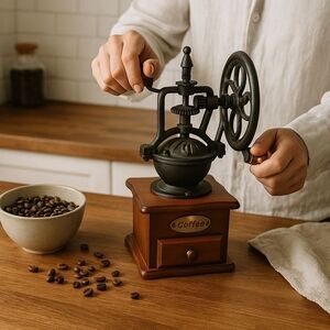 Vintage COFFEE GRINDER Hand Crank Cast Iron Wood